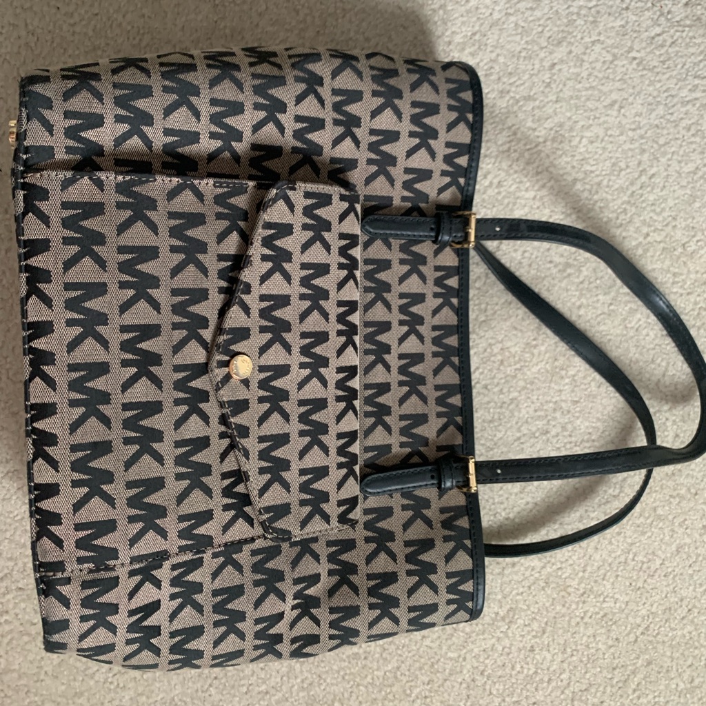 Michael Kors Leather Trim Monogram Pocket Tote Bag (Black)